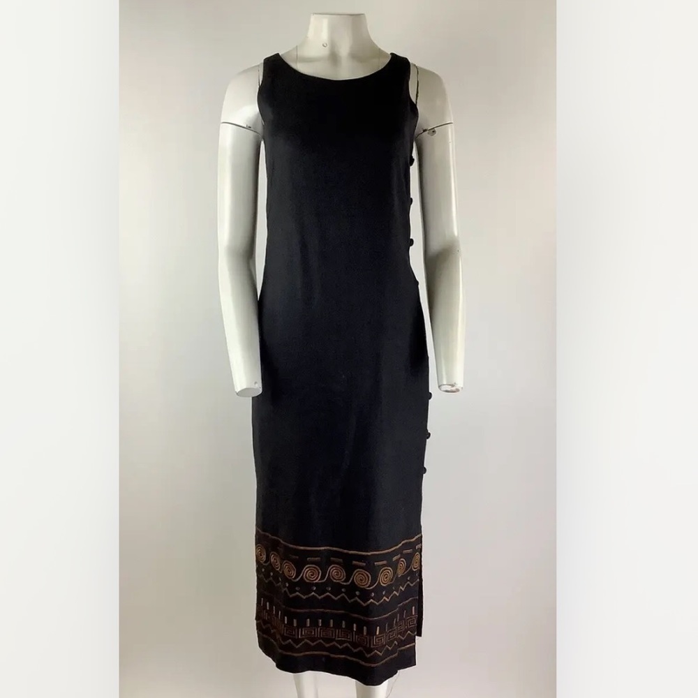 Vintage 90's Deborah Laws Sz 6 Midi Embroidered Dress Black 100% Linen Zipped